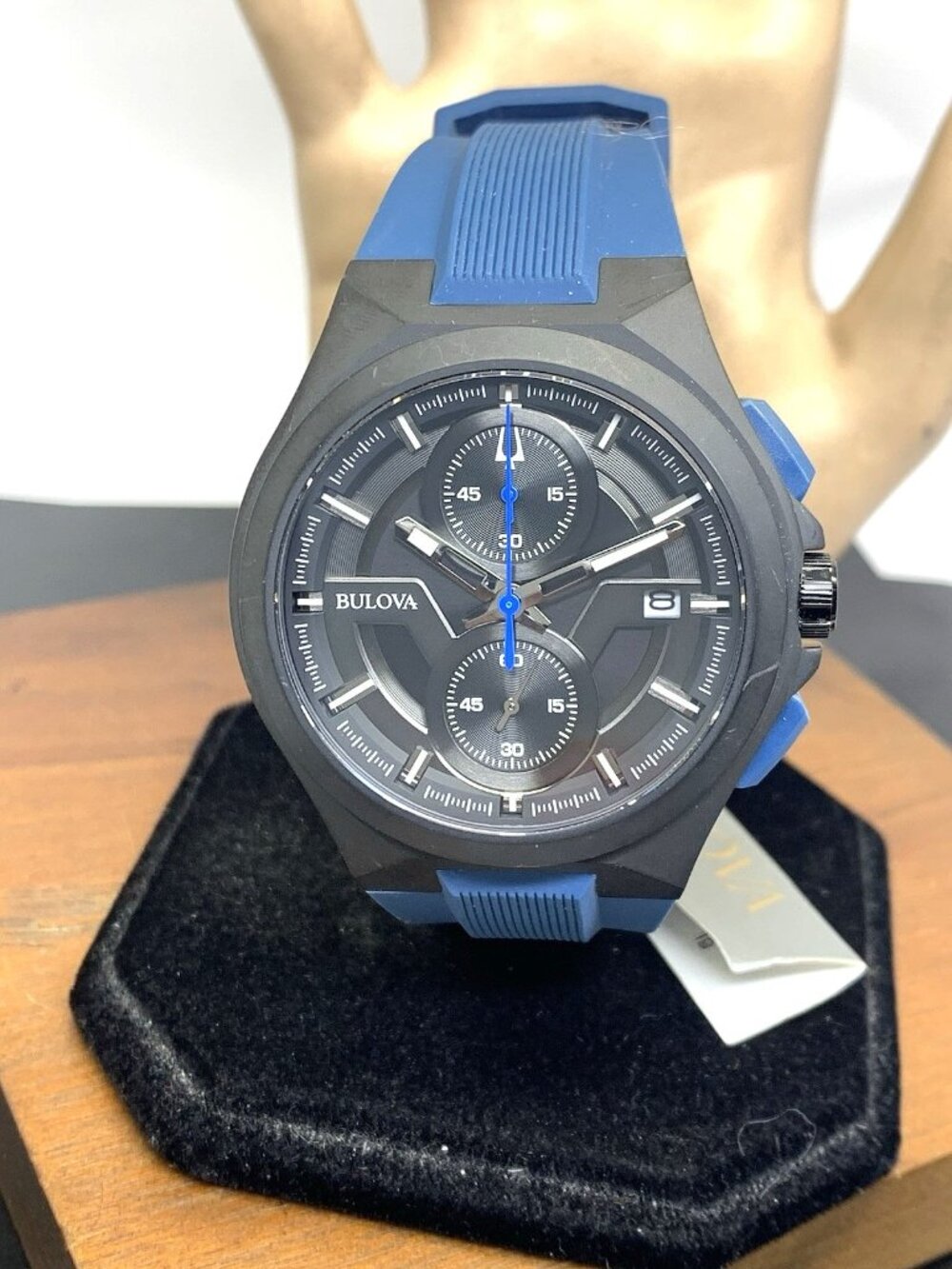 Bulova Men's Watch 98B380 Maquina Quartz Chronograph Black Dial Blue Rubber Band